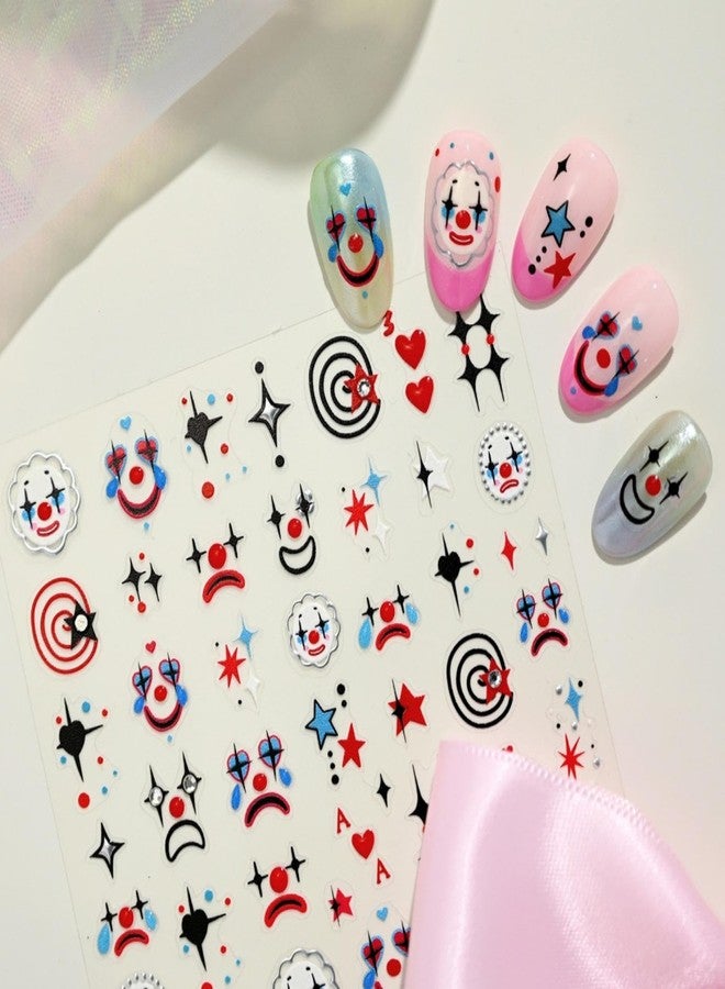 Sevgob Halloween Nail Stickers 5D Embossed Clown Nail Art Stickers 3D Self Adhesive Red Blue Black Gothic Nail Decals Star Hearts Nails Design Funny Face Nails Supplies for Women Girls 1 Sheet - Image 1